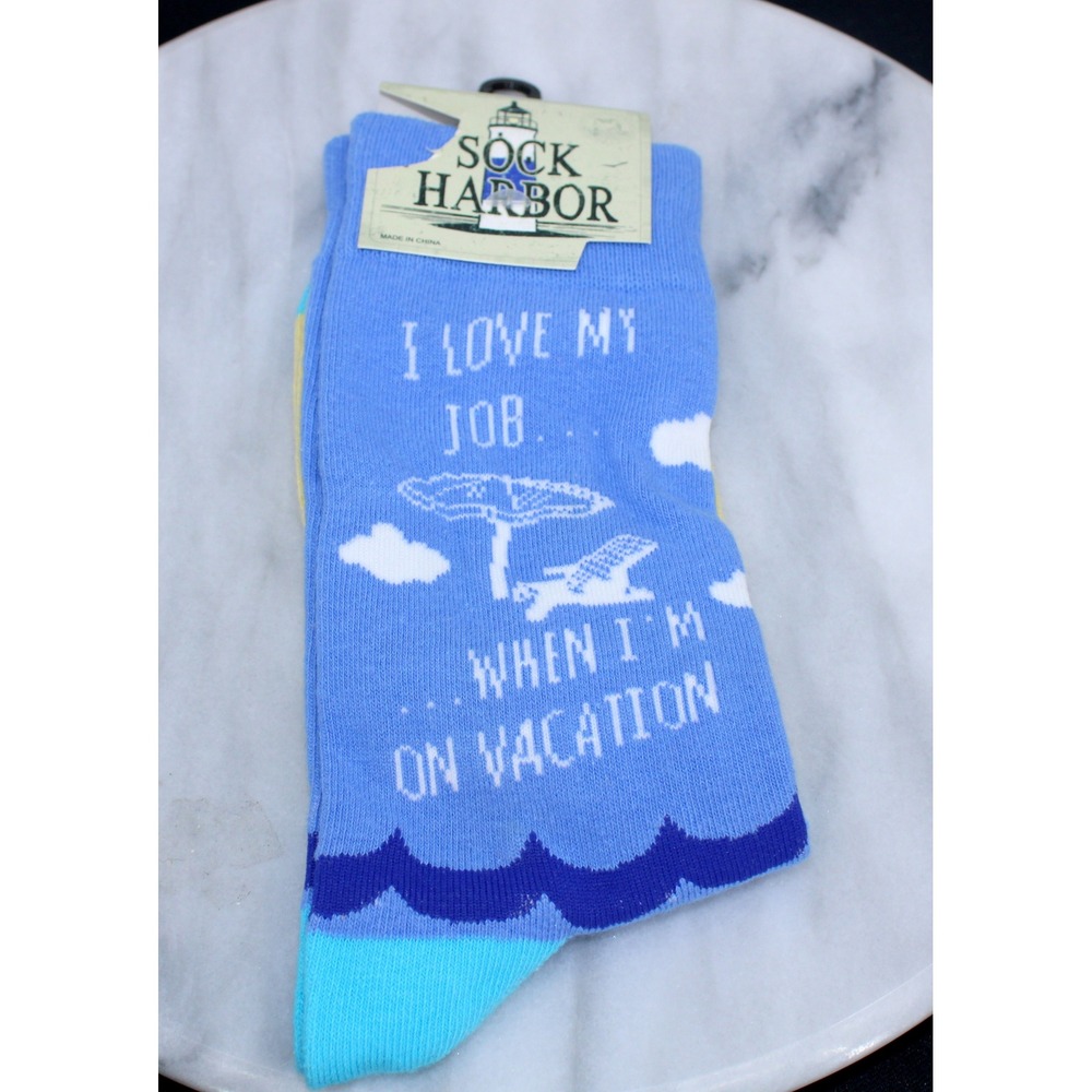 Sock Harbor I Love My Job Vacation Novelty Crew Socks Blue Yellow SHMC-008 NEW